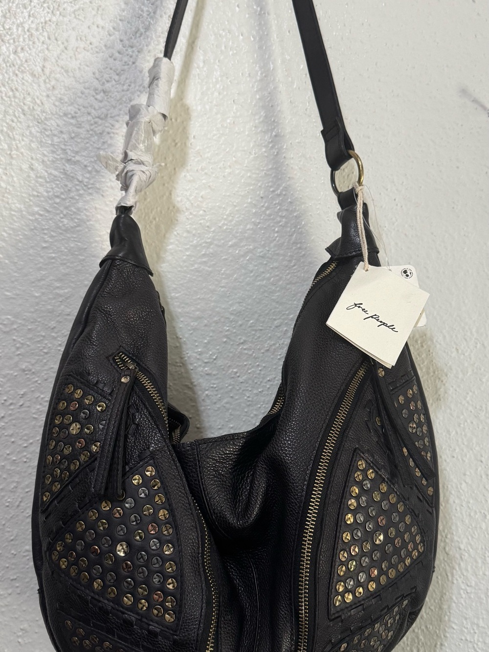 Free People West Side Black Leather Studded Shoulder Bag